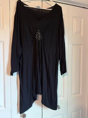 Catherines Black V-Neck Tunic with Beaded Center Detail